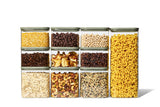 Naked Kitchen 20-piece glass countertop canister set with light green lids organizing dry goods like pasta, beans, oats and nuts
