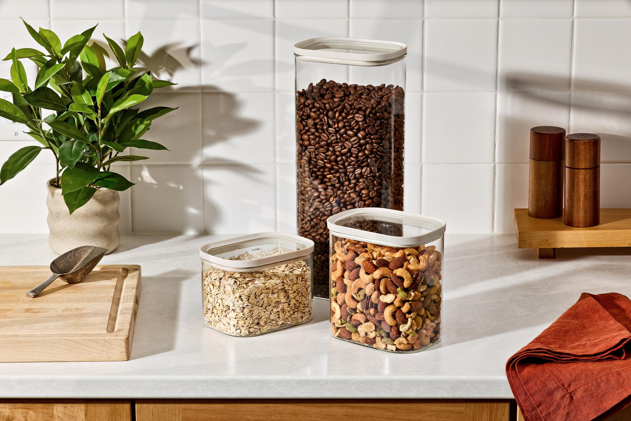 Three Naked Kitchen glass canisters of coffee beans, oats and nuts on a sunlit kitchen counter with a plant